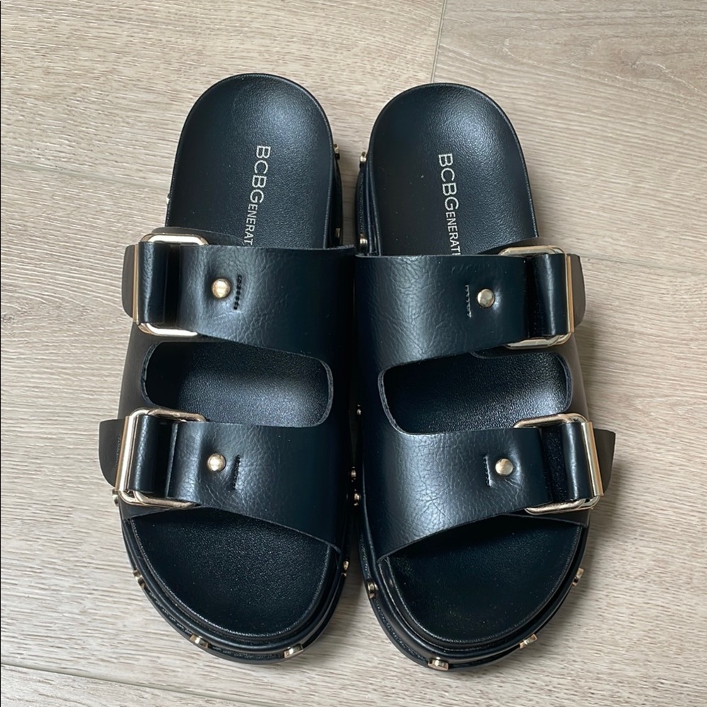 BCBG Black Slides with Gold Accents